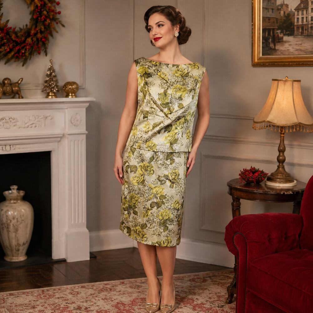 1950s Green Brocade 2 Pc Dress Set Silver Floral Cocktail Dress - M